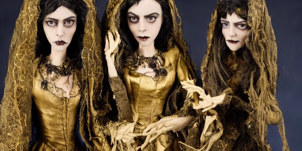 Image similar to photo taken of an epic intricate, ultra detailed, super realistic stop motion puppet of the majestic gracious regal aristocratic brunette female vampire twins and gothic filmset created by weta workshop and tim burton, menacing, wide angle, full body shots, photorealistic, sharp focus, gloomy, extremely cold blueish colour temperature, 3 5 mm, f 1. 4, golden ratio