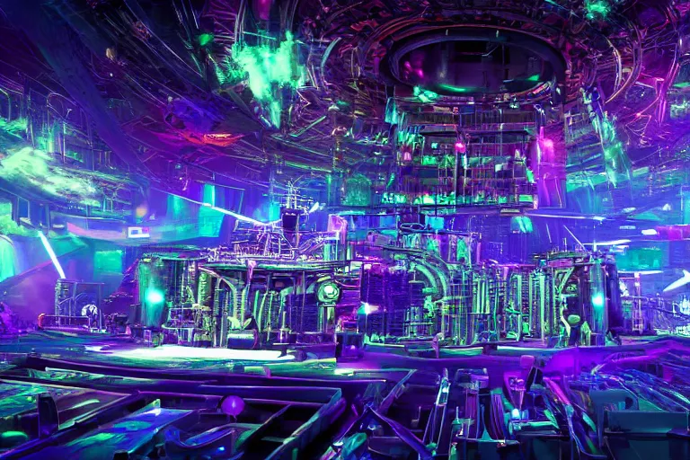 Image similar to a concert stage, tripmachine, center of the stage is a big futuristic steampunk generator surrounded by steampunk machinery with speaker towers, rock musicians on the stage, laser show, 8 k, fluorescent colors, halluzinogenic, multicolored, exaggerated detailed, unreal engine