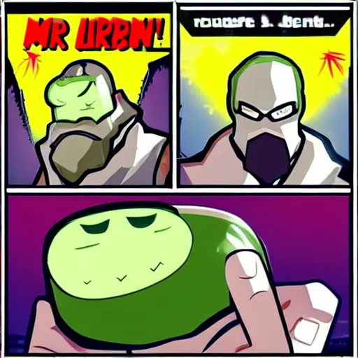 Prompt: Mr Light defeats Mr Cucumber