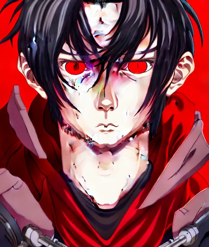 Image similar to a detailed manga illustration character full body portrait of a dark haired cyborg anime man who has a red mechanical eye and is wearing a cape, trending on artstation, digital art, 4 k resolution, detailed, high quality, sharp focus, hq artwork, insane detail, concept art, character concept, character illustration, full body illustration, cinematic, dramatic lighting