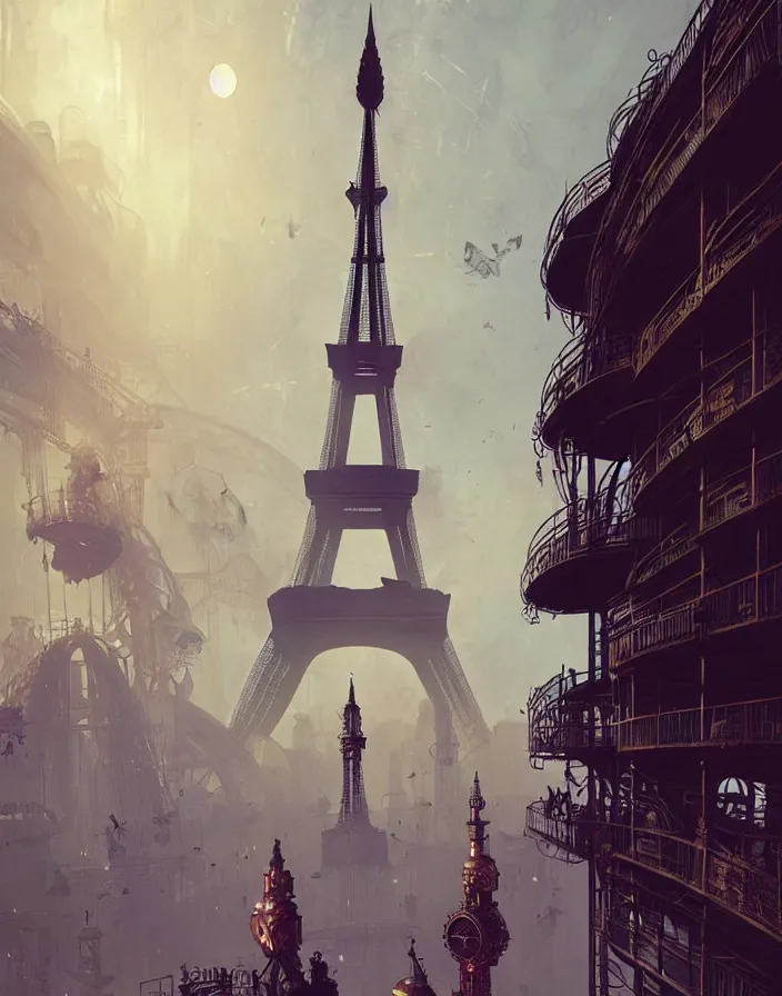 Prompt: a steampunk eiffel tower in heaven, steampunk dirty world, by wlop, greg rutkowski and beeple