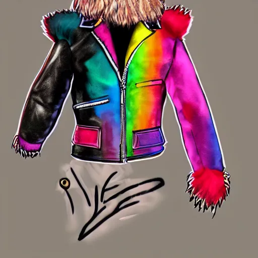 Image similar to wide angle full body, jacket wearing fluffy cute rainbow kitten wearing a black leather motorcycle jacket, concept art