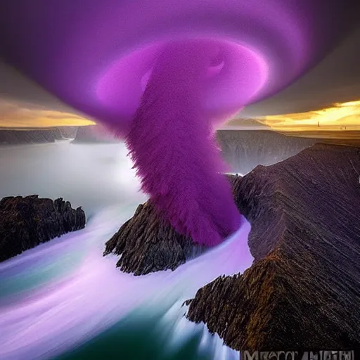 Image similar to amazing landscape photo of a purple tornado in the shape of a funnel by marc adamus, digital art, beautiful dramatic lighting