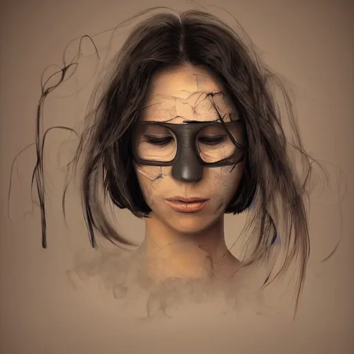 Image similar to full potrait of a woman.. Woman is wearing clothing covering the eyes. Wall of syringes in backround. Smoke effects forms question mark. Digital painting. Art station. Mood lighting. - h 1200