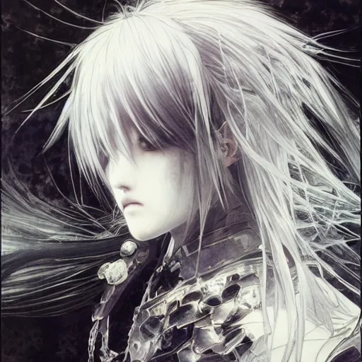 Image similar to Yoshitaka Amano blurred and dreamy illustration of an anime girl with the pirate eye patch hiding one eye, wavy white hair and cracks on her face wearing Elden ring armour with the cape fluttering in the wind, abstract black and white patterns on the background, noisy film grain effect, highly detailed, Renaissance oil painting, weird portrait angle