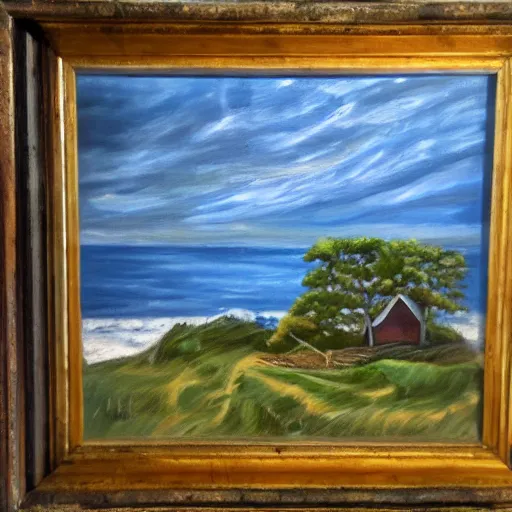 Prompt: painting of a storm at sea , a cabin is on the island, The trees are swinging wildly , by Jo MARCH ​​​-n9