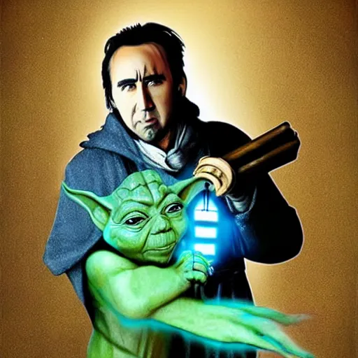 Image similar to Nicolas Cage as JediMaster Yoda