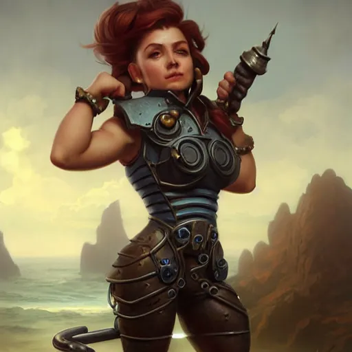 Image similar to charming muscular gnome engineer, full body portrait, metal gadgets, female, naval landscape, d & d, fantasy, intricate, elegant, highly detailed, digital painting, artstation, octane render, concept art, matte, sharp focus, illustration, herrarthstone, art by artgerm and greg rutkowski and alphonse mucha