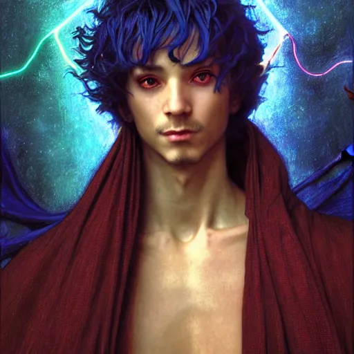 Image similar to half length portrait of a medieval fantasy sorcerer, a male blue dragon with electrcity magic, fantasy, d & d, high details, art by ( ( ( kuvshinov ilya ) ) ) and wayne barlowe and gustav klimt and artgerm and wlop and william - adolphe bouguereau