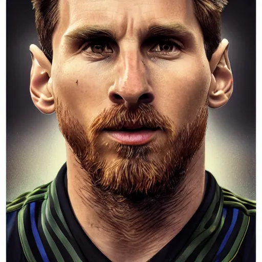 Prompt: leo messi, character art, wearing soccer jersey, cinematic lighting symmetrical facial features, from arknights, hyper realistic, 4 k, rule of thirds, extreme detail, detailed drawing, trending artstation, realistic lighting, by alphonse mucha, greg rutkowski, short neck