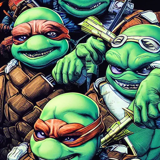 Image similar to portrait of crazy teenage mutant ninja turtles, symmetrical, by yoichi hatakenaka, masamune shirow, josan gonzales and dan mumford, ayami kojima, takato yamamoto, barclay shaw, karol bak, yukito kishiro