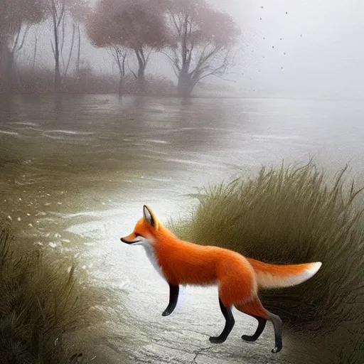 Image similar to a fox swimming in a river the background is a huge lake the fox is scared and swimming for his life the weather is raining and foggy by greg rutkowski