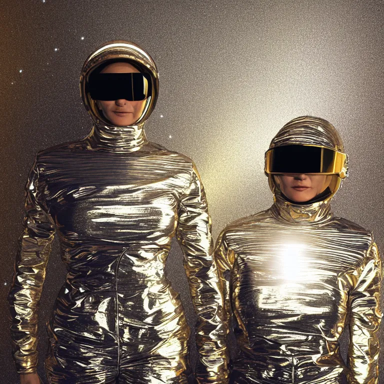 Image similar to octane render portrait by wayne barlow and carlo crivelli and glenn fabry, subject is a woman covered in colorful aluminum foil space suit with an iridescent metallic space helmet visor, floating inside a futuristic black and gold space station, cinema 4 d, ray traced lighting, very short depth of field, bokeh