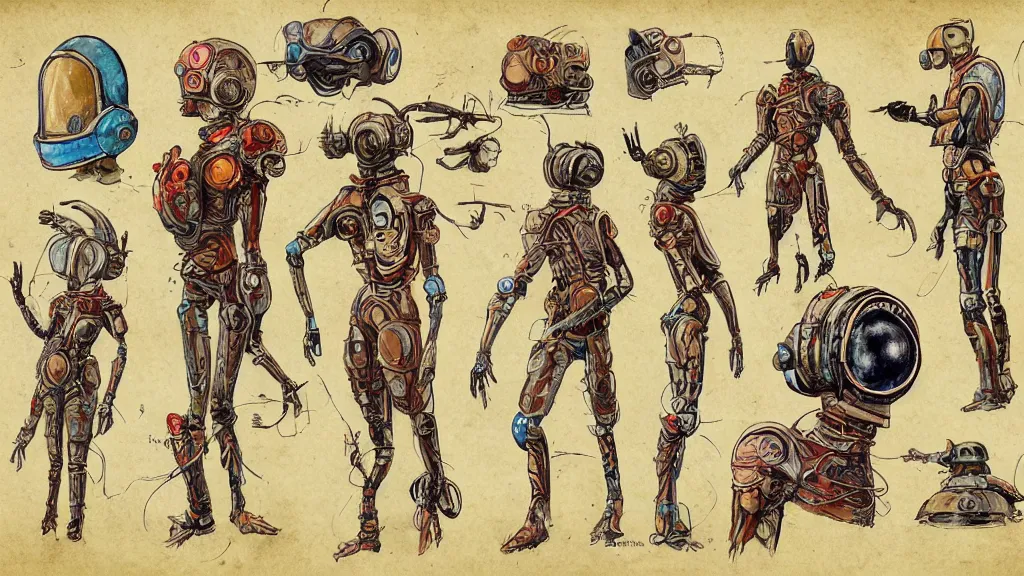 Prompt: aged paper, concept art, colorful character sheet for a male extraterrestrial cyborg warlord wearing victorian diving helmet, retrofuture, fantastic planet, moebius, valerian, coherent, illustration, digital art, trending on artstation, hd, 8 k, good lighting, beautiful, rough paper, masterpiece