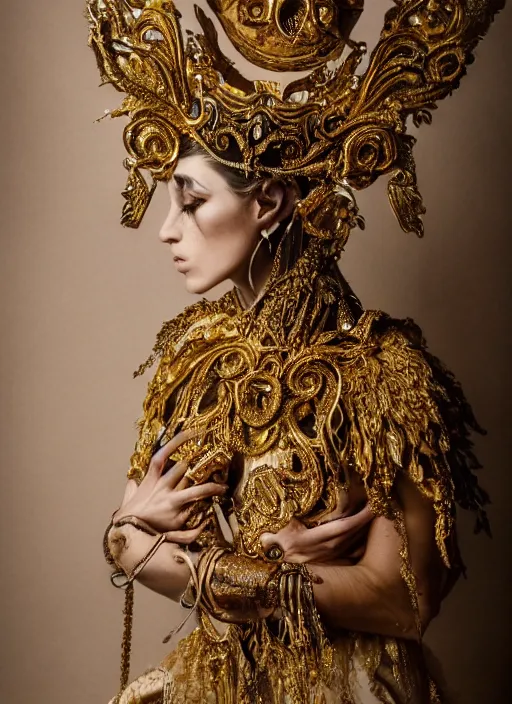 Image similar to a portrait of female model by stefan geselle, photorealistic, intricate details, hyper realistic, fantasy, elegant, ornate metal gold headpiece, photorealistic, canon r 3, photography, wide shot, symmetrical features, wide angle shot, head to toe, standing pose, feet on the ground, studio background, wearable art