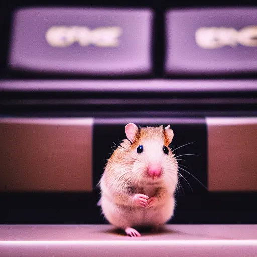 Prompt: photo of a hamster, on a cash register in a cinema, various poses, unedited, soft light, sharp focus, 8 k