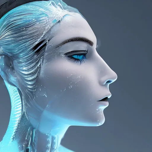 Prompt: female with icy eye lashes and brows, pale blue tint, complex hyperdetailed technical suit. siver hair flowing, cryo chamber, sci - fi, futuristic, ultra realistic, wide angle.