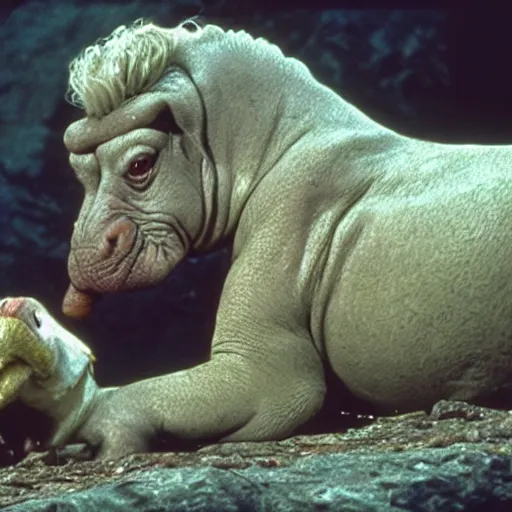 Image similar to falcor from the never ending story, eating a hippopotamus