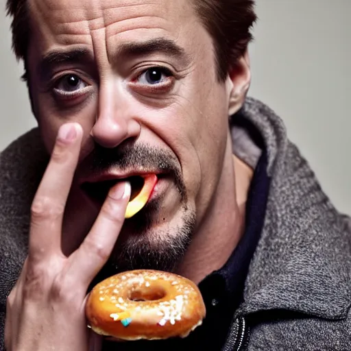 Image similar to Robert Downy Jr. eating a donut, 4k