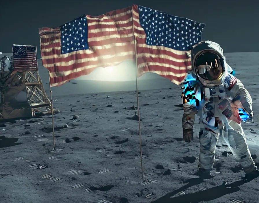 Image similar to One small step for man, one giant leap for man kind; zombie Neil Armstrong lands on the moon hoisting a neon American flag; cyberpunk moon landing; rendered by unreal engine 5; ultra high detail painting; 4K 8K; stunning composition; illustration; rich hues; saturated Miami Vice neon