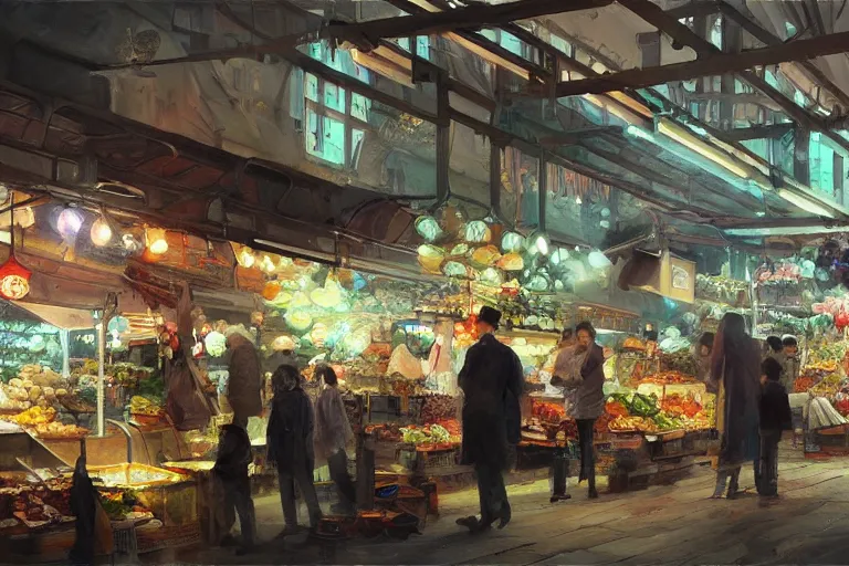 Image similar to a beautiful painting of an underground market, Feng Zhu, digital art, artstation