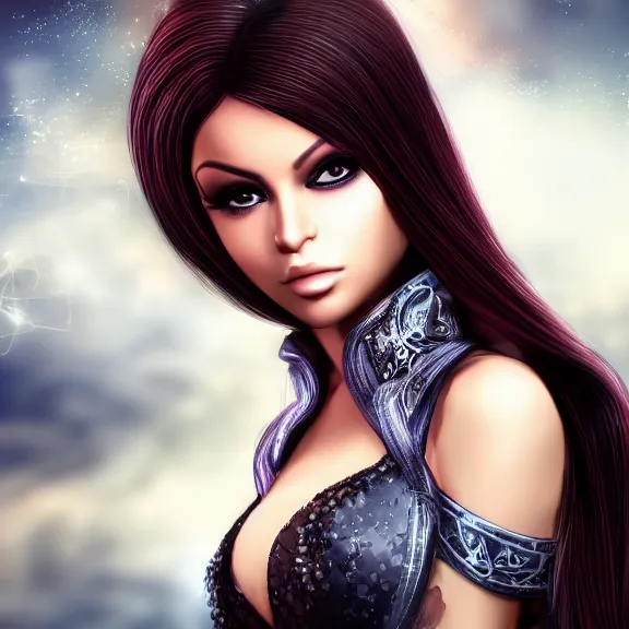 Prompt: portait of haifa wehbe, long hair centred, hd, very charming look, very detailed curve, unreal engine, final fantasy style, fairy tail background