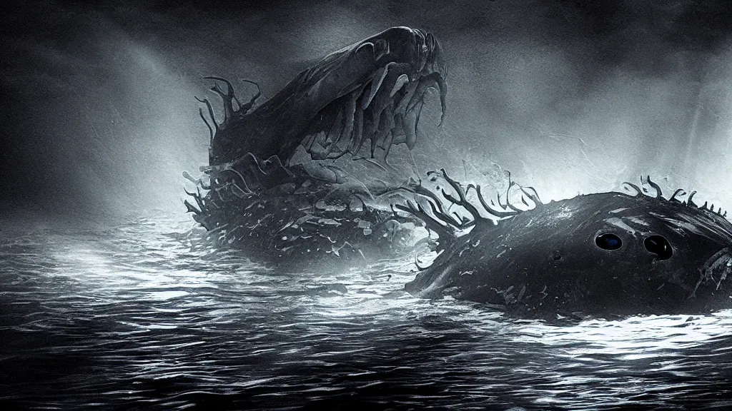 Prompt: a huge monster of the deep emerges out of the dark to attack a small submersible, horror, eerie lighting, god rays