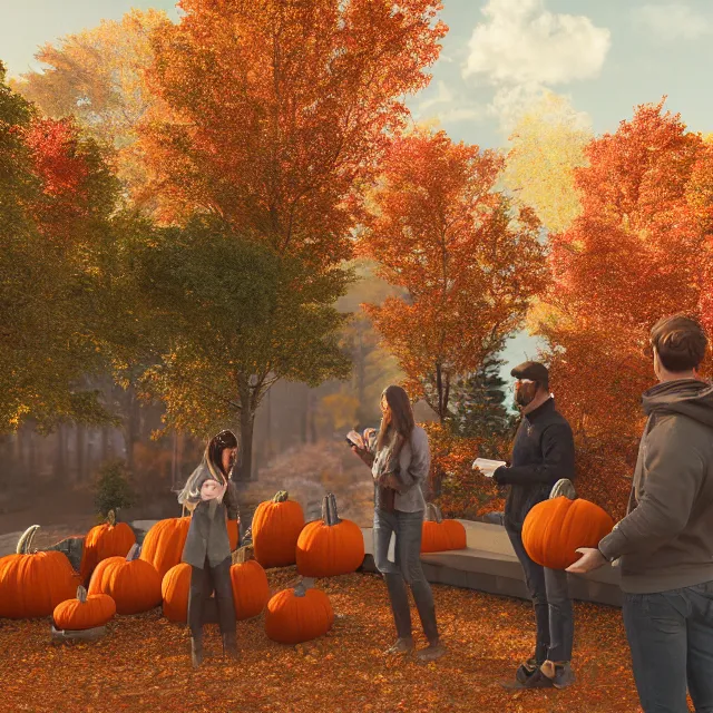 Image similar to pumpkin headed people ordering coffee at a coffee stand, maple trees with fall foliage, on a mountain in new hampshire, volumetric, realistic, cinematic lighting, ray tracing, unreal engine 5, octane render, hyper realistic, photo, 8 k