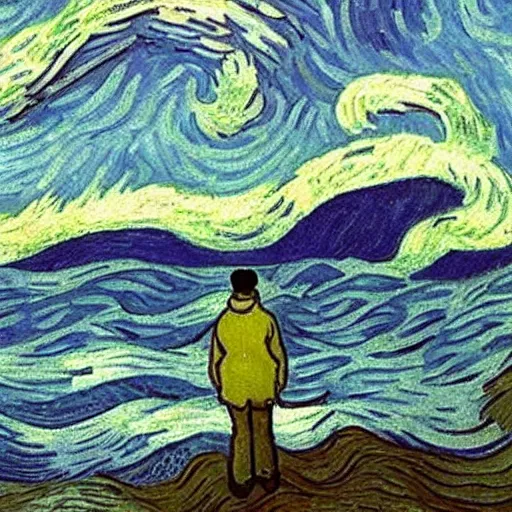 Prompt: a guy with white hoodie in the abyss of the sea, very deep, by van gogh