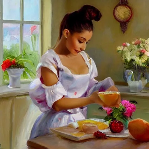 Image similar to Ariana Grande making breakfast for her husband, painting by Vladimir Volegov