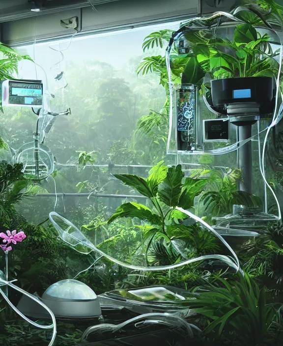 Prompt: intricate transparent clear see - through image of medical equipment, lush botany, overgrown jungle environment, flowers, ultra realistic, concept art, pop art, photorealistic, octane render, 8 k, unreal engine. art by nori inoguchi and sam kaplan and zachary goulko and christopher marley