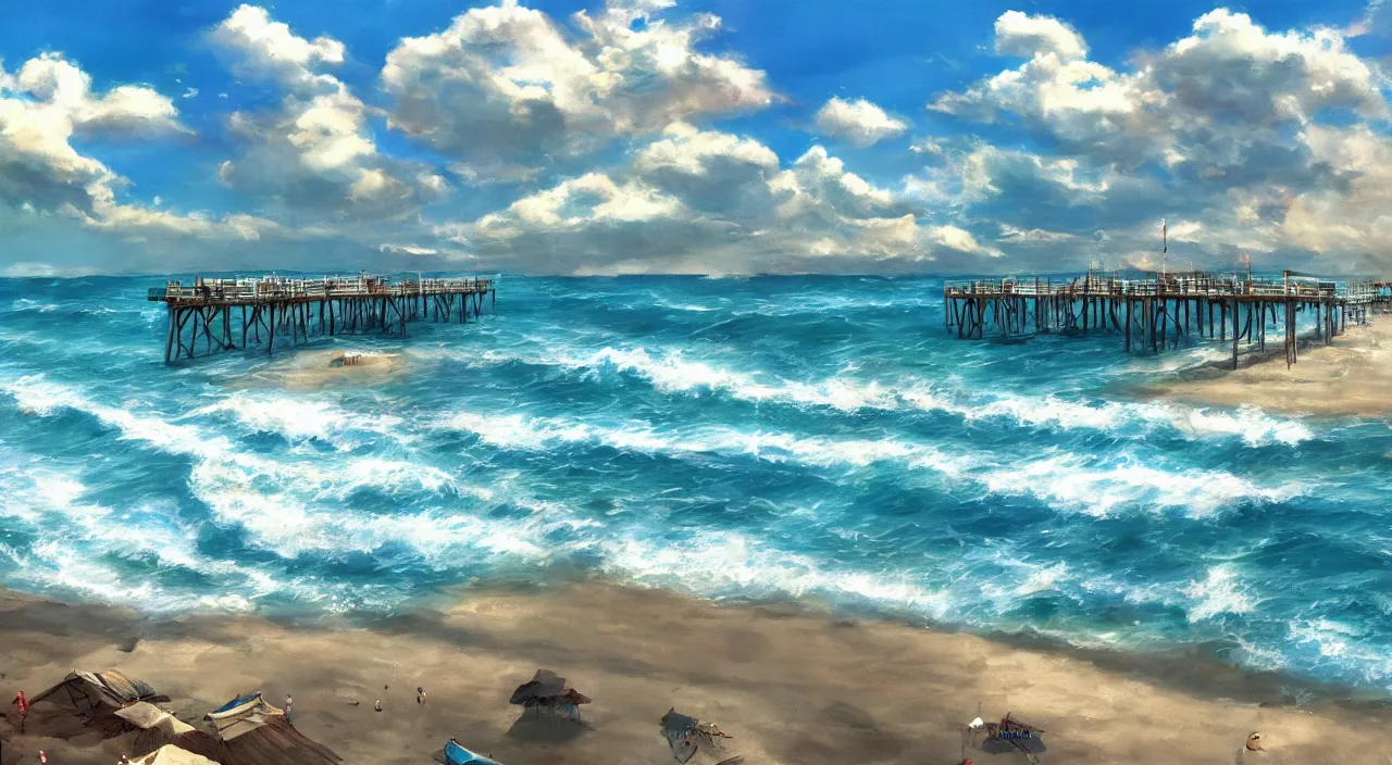 Prompt: ocean side beach blue sky clouds waves water pier dock beautiful artstation 4 k breathtaking illustration cartoon by jack kirby artstation concept art matte painting
