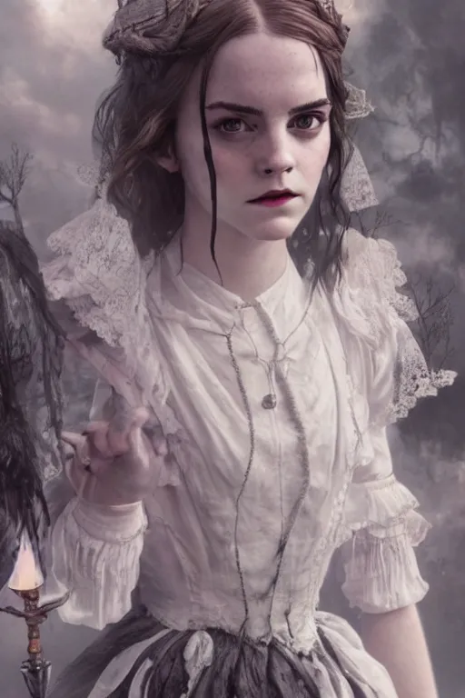 Prompt: a mix of of emma watson, anya taylor - joy and emma stone, evil sorceress witch, victorian manor house, hyperrealism, octane render, extremely detailed, intricate smoke magic, lace, style of mark ryden, earl nore, hyung tae, frank frazetta