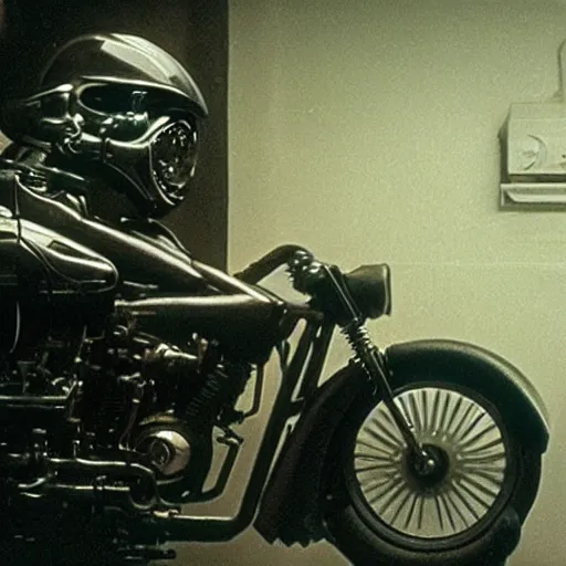 Prompt: a man sitting on a motorcycle in a room, a screenshot by giger, cg society, holography, reimagined by industrial light and magic, movie still, sci - fi