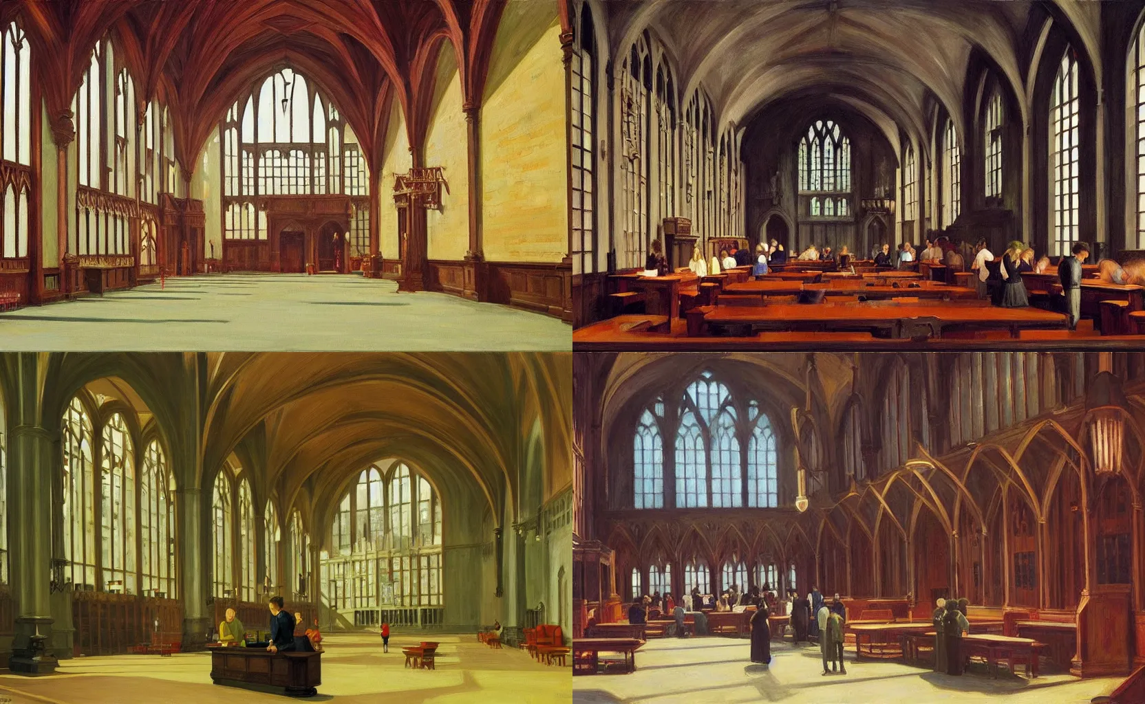 Prompt: the interior of the Hogwarts Great Hall, painting by Edward Hopper and Wes Anderson