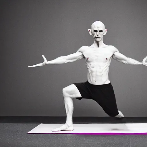 Image similar to portrait of nosferatu doing yoga, sport photography