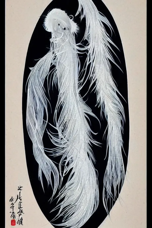 Image similar to a graceful iridescent white betta fish with long swirling fins, black-water-background, traditional Chinese painting, artstation, ernst-haeckel