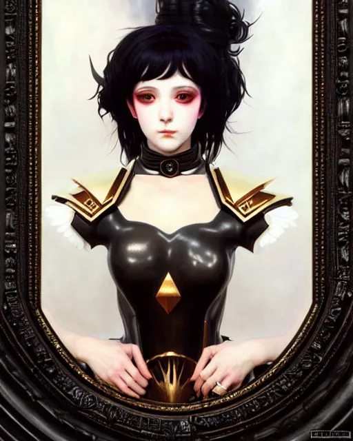 Image similar to portrait of beautiful goth e - girl cosplay with black hair in warhammer armor, white background, art by ( ( ( kuvshinov ilya ) ) ) and wayne barlowe and gustav klimt and artgerm and wlop and william - adolphe bouguereau