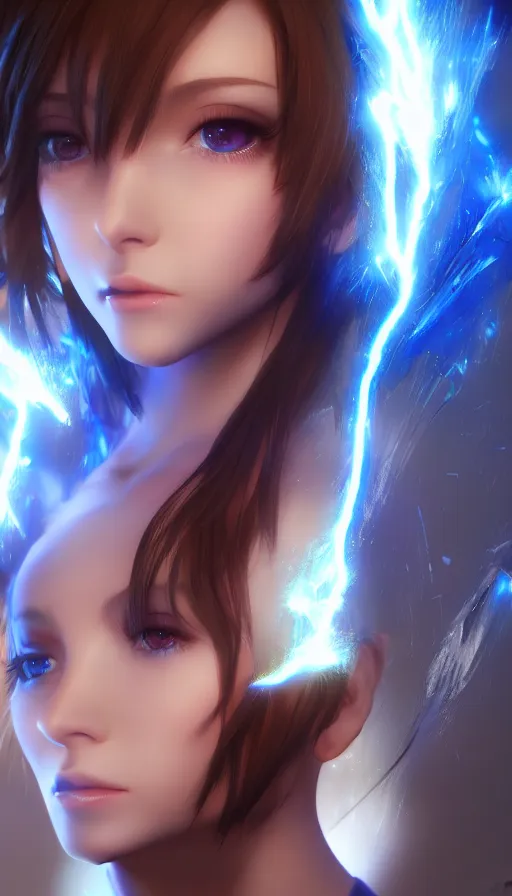 Image similar to render as a very beautiful 3d anime woman with short brown hair, blue eyes, heavy makeup, short smile, cinematic lightning, highly detailed, trending on Artstation, Unreal Engine 4k, cinematic wallpaper