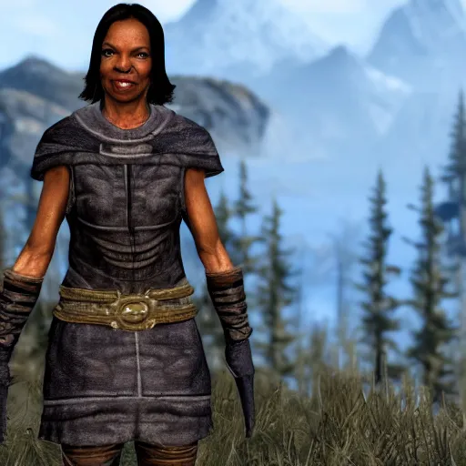 Image similar to Condoleezza Rice in Skyrim, game screenshot