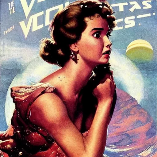 Image similar to the woman from venus starring anna de armas, vintage scifi poster art by john alvin, river mcginnis, norman rockwell, frank frazetta and drew struzan, trending on pinterest, beautiful, lovely