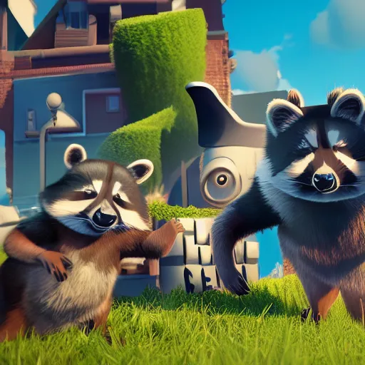 Image similar to raccoon, clash royal style characters, unreal engine 5, octane render, detailed, cinematografic, cinema 4 d