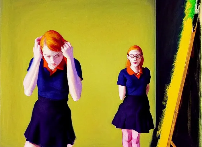 Image similar to oil painting of an annasophia robb in a learning uniform wearing stockings, teaching a lesson in a void room full of existential horror painted by Bryan Lee O'Malley and Edward Hopper, John Singer Sargant, inspired by paintings of Francis Bacon and melting color palette of Mark Rothko, Cy Twombly gestural strokes