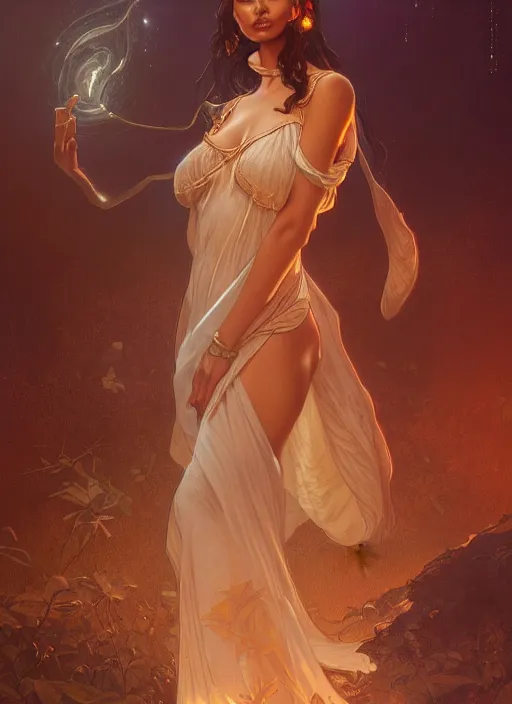 Image similar to cute brown woman wearing a transparent night gown, fantasy, intricate, highly detailed, digital painting, artstation, concept art, wallpaper, smooth, sharp focus, illustration, art by artgerm and greg rutkowski and alphonse mucha