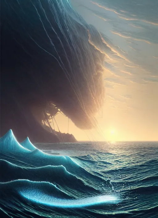 Image similar to a hyper - detailed 3 d render of aquatic animals @ of the cresting waves at dusk, surrealism!!!!! surreal concept art, lifelike, photorealistic, digital painting, aesthetic, smooth, sharp focus, artstation hd, by greg rutkowski, bruce pennington, valentina remenar and asher duran,