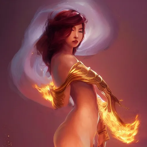 Image similar to female asian fire elemental, ghostly form, transparent, d & d, golden!!! palette, highly detailed, portrait!!, digital painting, artstation, concept art, sharp focus, illustration, cinematic lighting, art by artgerm and greg rutkowski and alphonse mucha