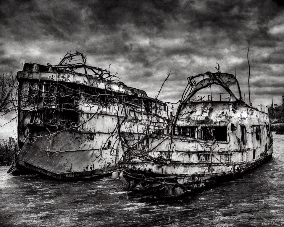 Image similar to a horror movie poster featuring a abandoned barge