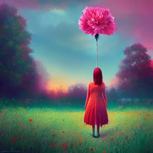 Image similar to giant carnation flower head, frontal, girl in a suit, surreal photography, sunrise, dramatic light, impressionist painting, digital painting, artstation, simon stalenhag