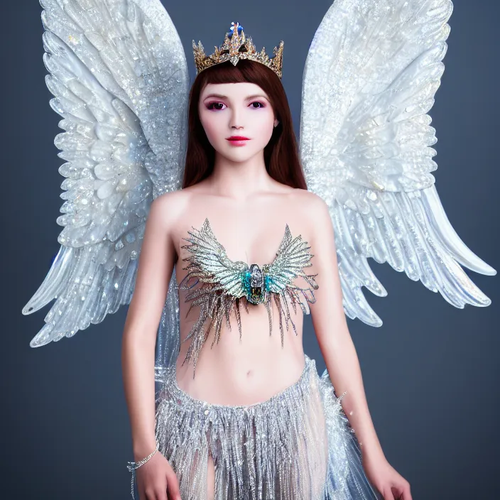 Prompt: photo of a real - life bueatiful angel queen with crystal wings, highly detailed, 4 k, hdr, smooth, sharp focus, high resolution, award - winning photo