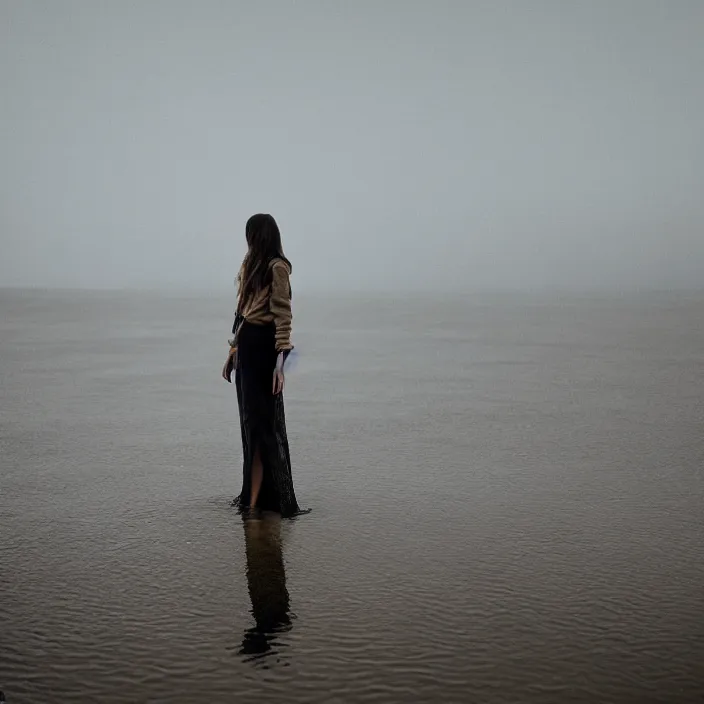 Prompt: a woman, standing in shallow endless water, backlit, wearing amazing clothes, backlit, photo by Marat Safin, Canon EOS R3, f/1.4, ISO 200, 1/160s, 8K, RAW, unedited, symmetrical balance, in-frame